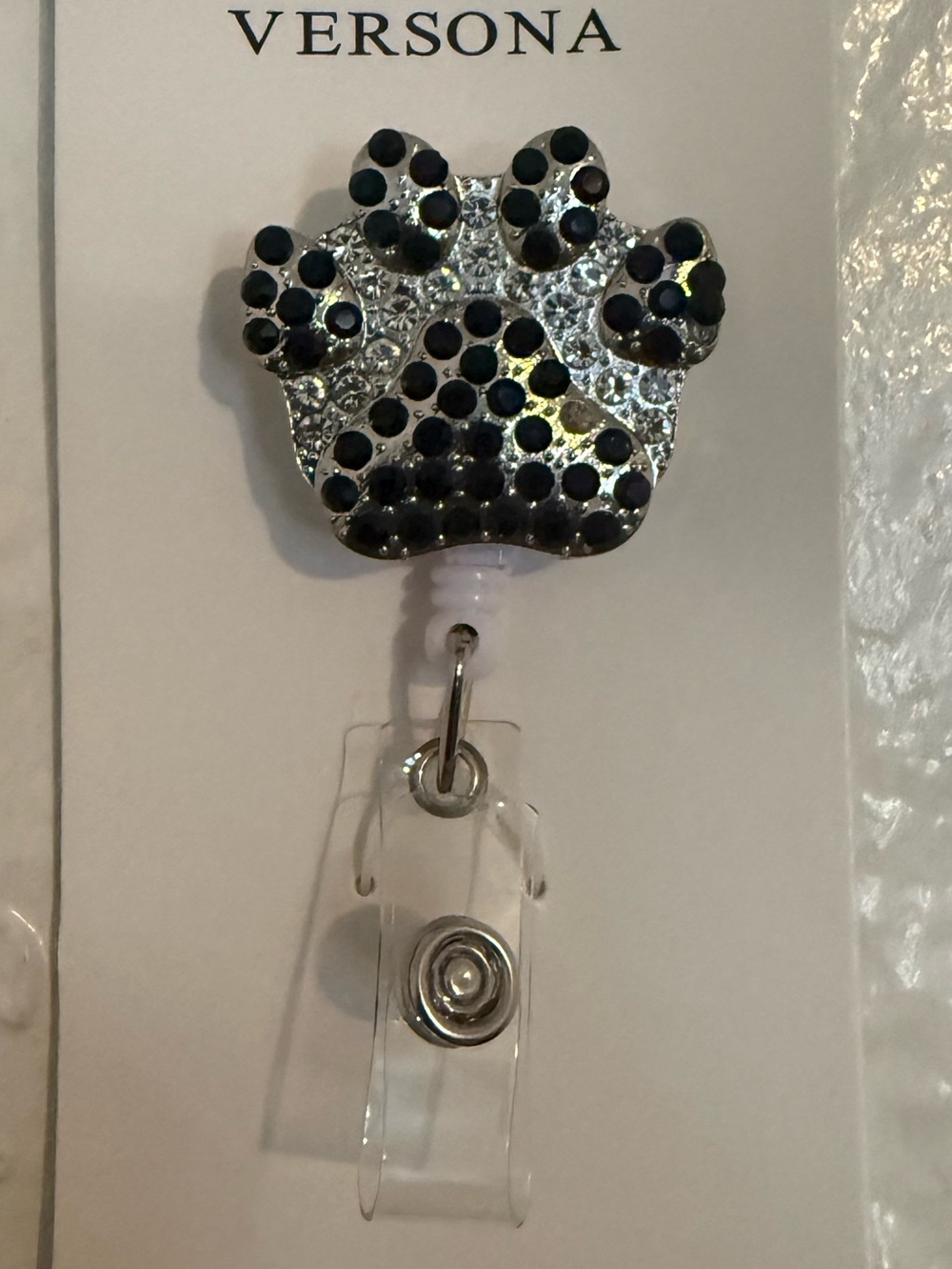 Versona Paw Print Rhinestone Badge Reel - Silver & Black